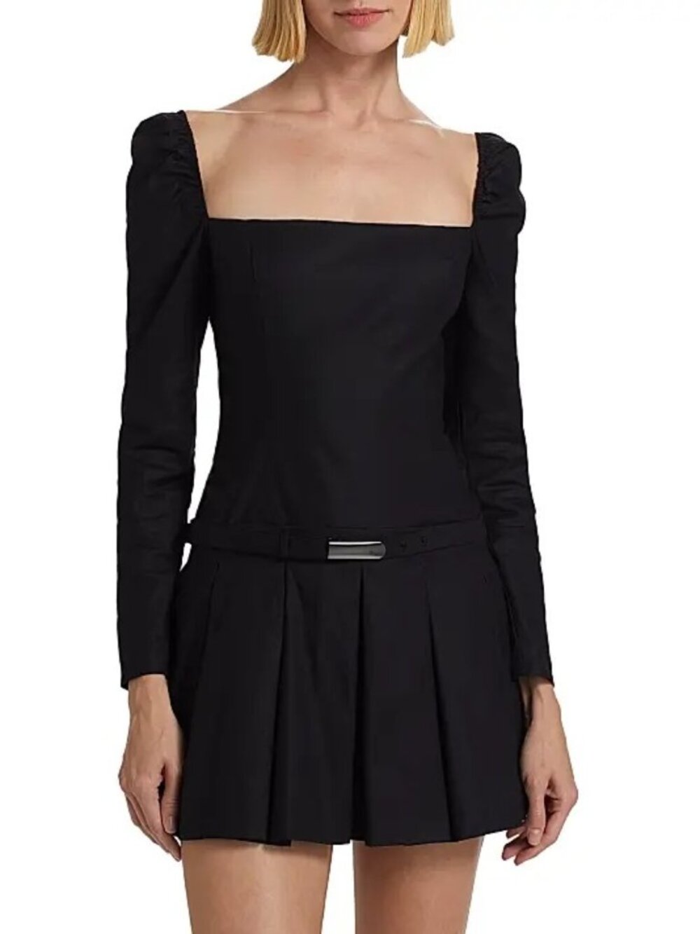 Reformation Dress Size 6 Mini Luella Poplin Long Sleeve Black Pleated Square Nec - Picture 2 of 14